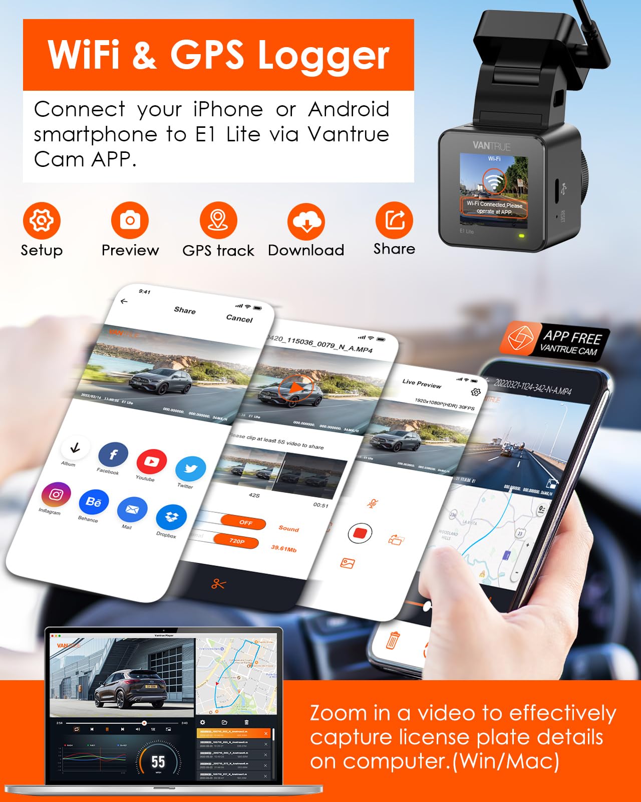 Foto 5 pulgar | Dash Cam Vantrue E1 Lite 1080p Wifi Con Gps Y Control De Velocidad - Venta Internacional.