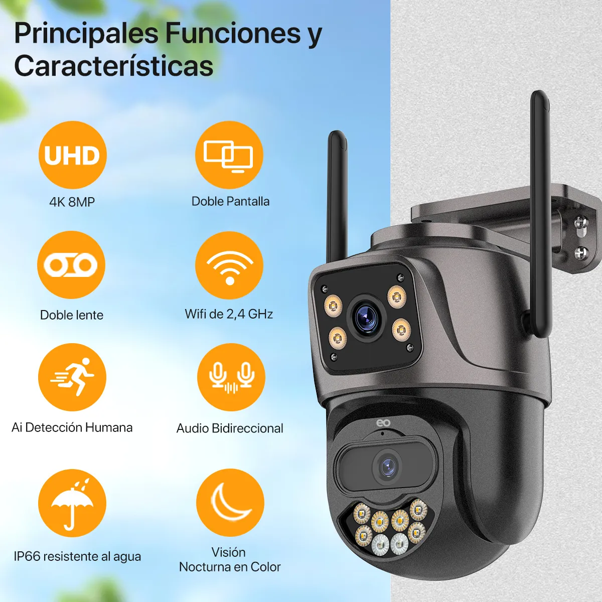 Foto 3 pulgar | Cámara De Seguridad Exterior Wifi 4k 8mp Doble Lente Visión Nocturna Eo Safe Imports  Esi-19883 Negro