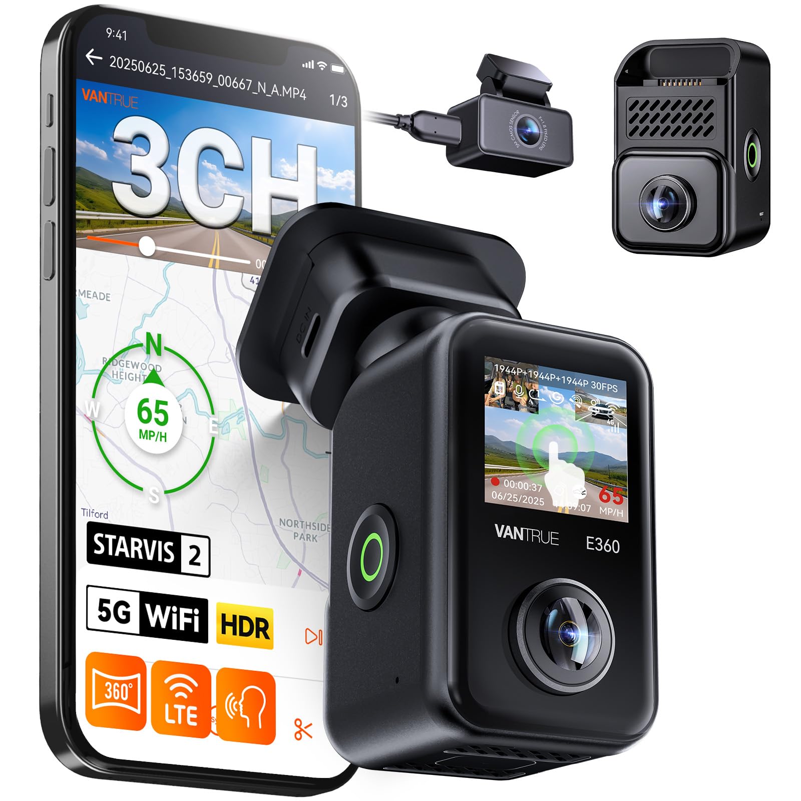 Dash Cam Vantrue E360 Plus  3 Canales  360°  Wifi 1944p - Venta Internacional.