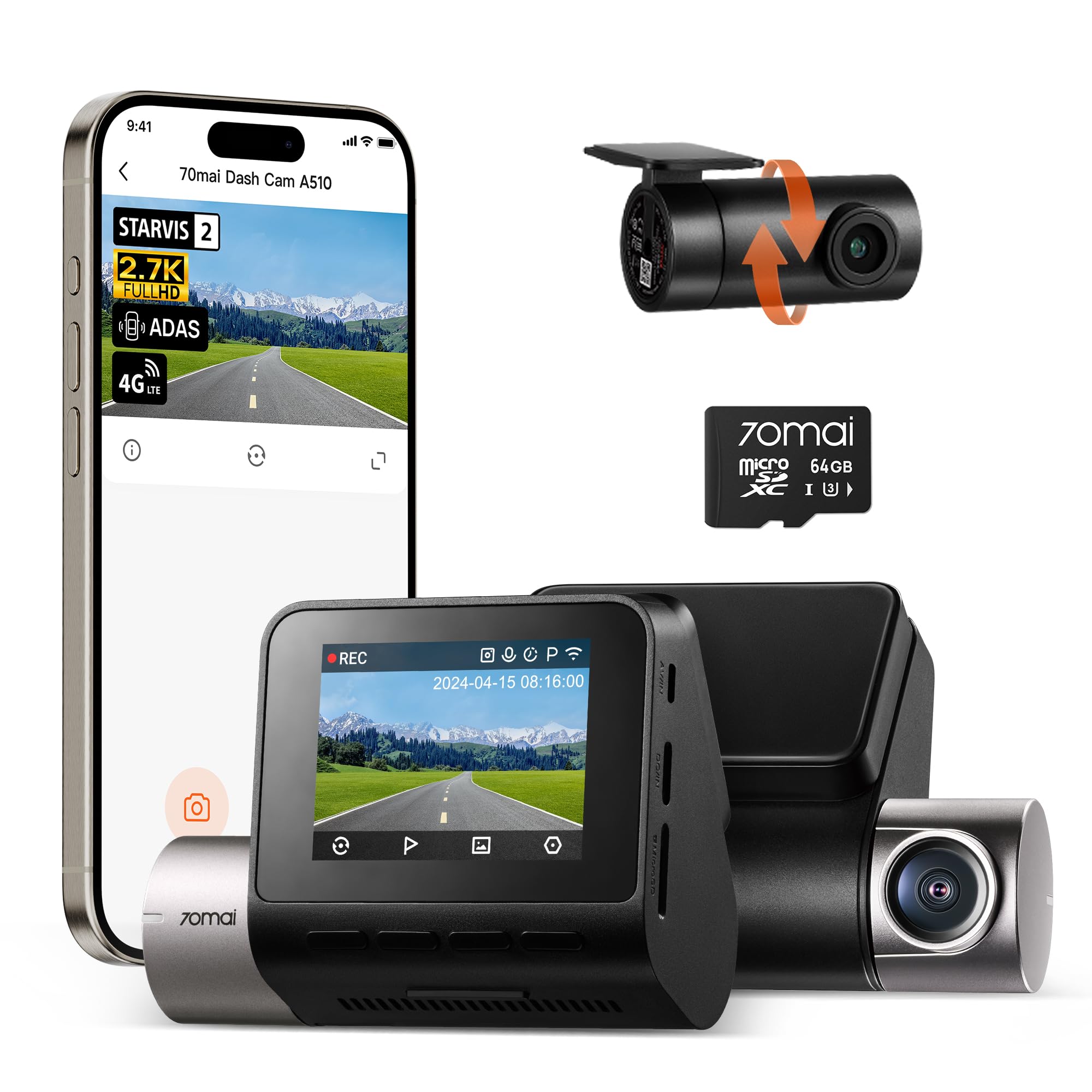 Dash Cam 70mai A510 1944p+1080p Delantera Y Trasera Con Tarjeta De 64 Gb - Venta Internacional.
