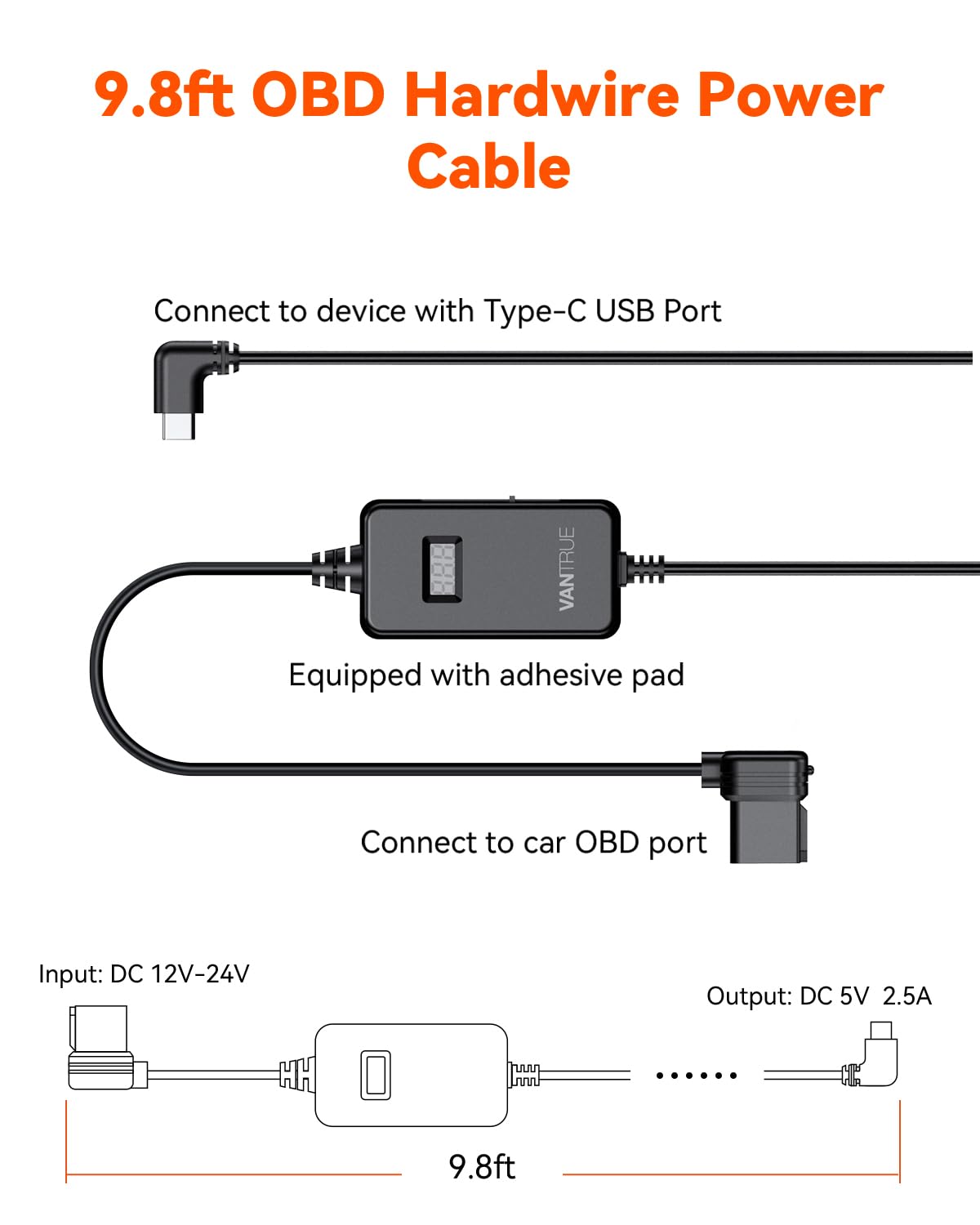 Foto 3 pulgar | Cable De Alimentación Vantrue Tipo C, Pantalla Led Usb Obd, Cableado De 10 Pies - Venta Internacional.