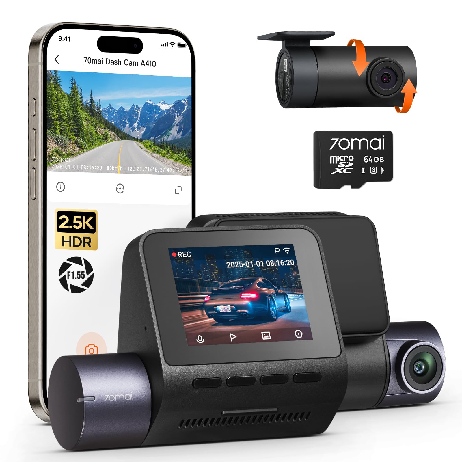Dash Cam 70mai A410 2.5k+1080p En La Parte Delantera Y Trasera Con Tarjeta De 64 Gb - Venta Internacional. $2,414