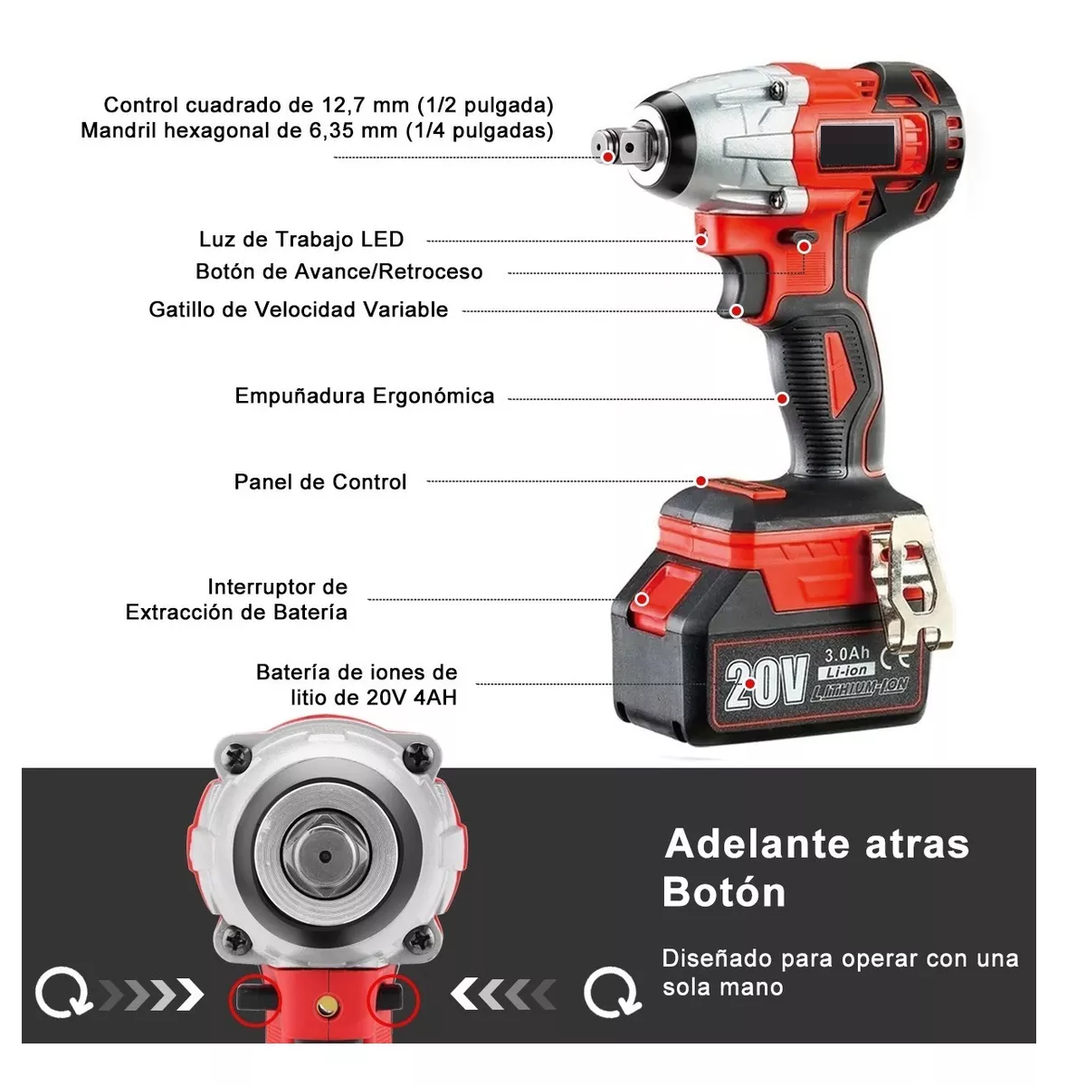 Foto 3 | Llave de Impacto Inalámbrico Eo Safe Imports ESI-7117 color Rojo de 20v 3ah