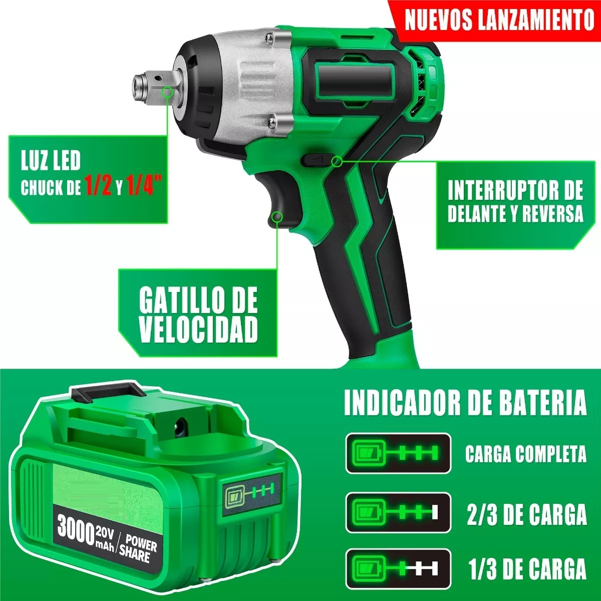 Foto 4 pulgar | Llave de Impacto Inalámbrica Eo Safe Imports ESI-7114 color Verde 20v 3.0ah 20 Piezas