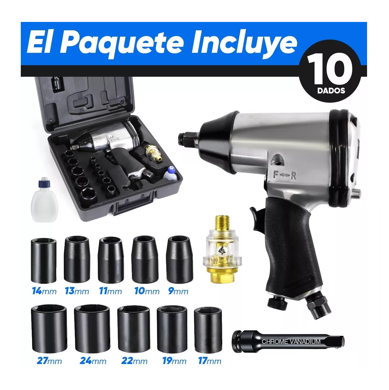 Foto 5 | Llave de Impacto Day Plus Plata con Negro Pistola Neumática 1/2 Industria con 10 Dados