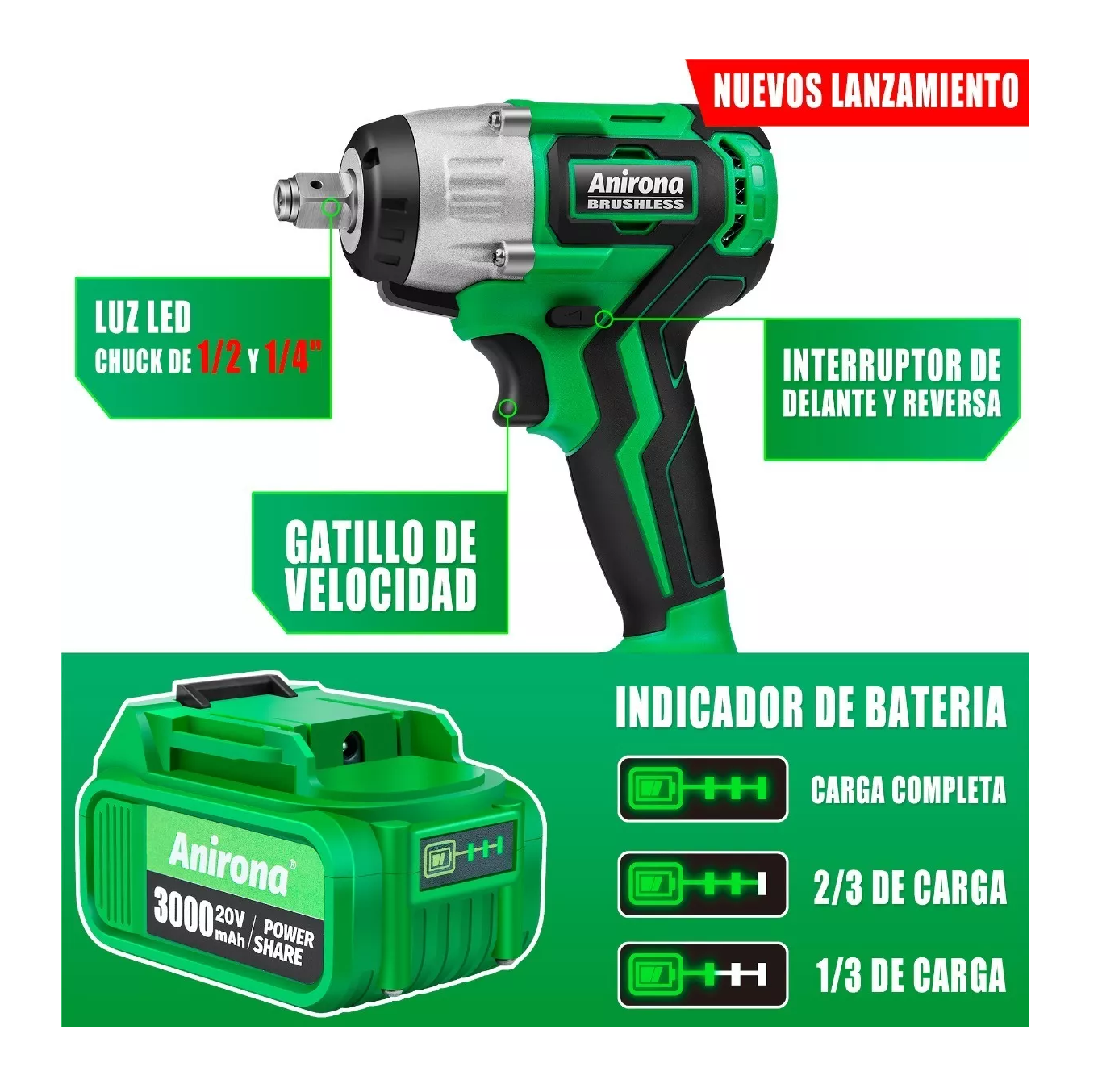 Foto 4 pulgar | Llave de Impacto Inalámbrico Anirona 3.0AH Kit con 2 Baterías Verde