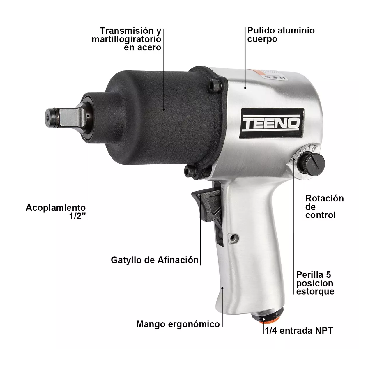 Foto 2 | Llave de Impacto Teeno Neumática Prof. 1/2'' 7.500 Rpm 680nm color Plata y Negro