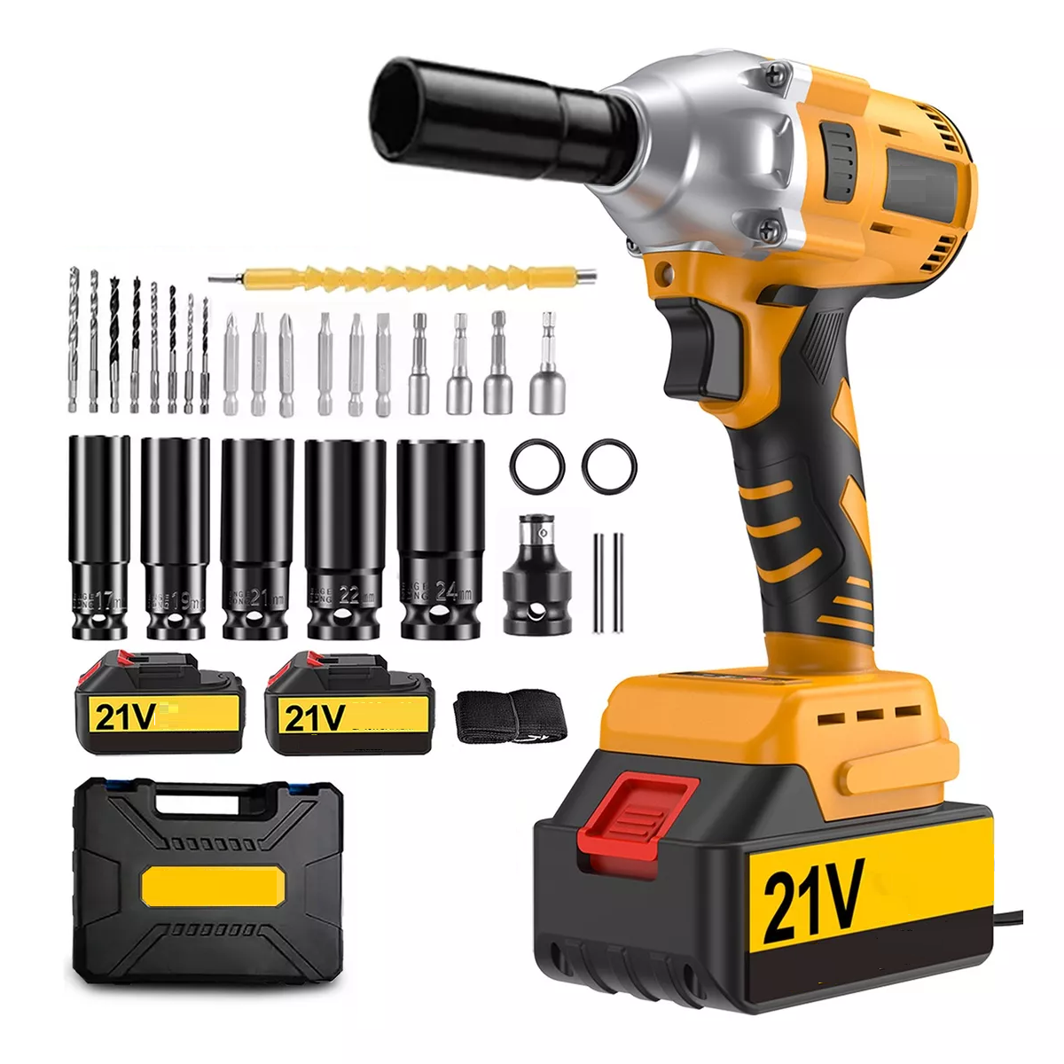 Juego Llave de Impacto Inalámbrica Eo Safe Imports ESI-11465 Amarillo 5,0ah 2 Pilas 33 Piezas