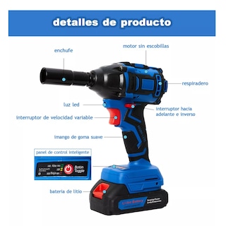 Foto 3 | Llave De Impacto Inalámbrica Eléctrica Pistola Taladro Negro Azul