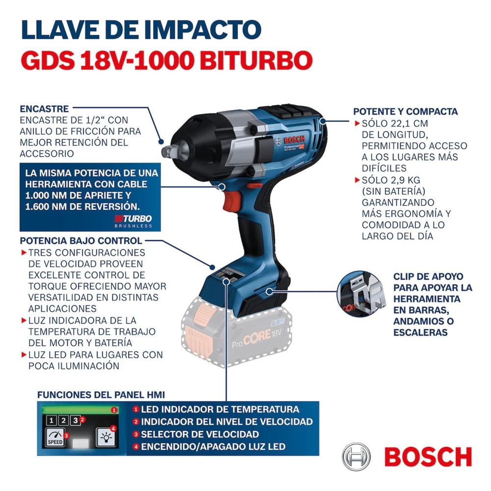 Foto 7 pulgar | Llave De Impacto Bosch Gds 18v-1000 1/2' 18v + 2 Bat 8.0 Ah