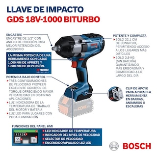 Foto 6 | Llave De Impacto Bosch Gds 18v-1000 1/2' 18v + 2 Bat 8.0 Ah