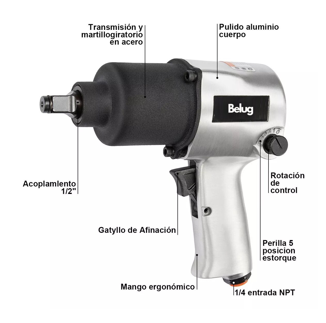 Foto 2 | Llave Impacto Neumática Prof. 1/2'' 7.500 Rpm 680nm Belug, Color Plata Negro