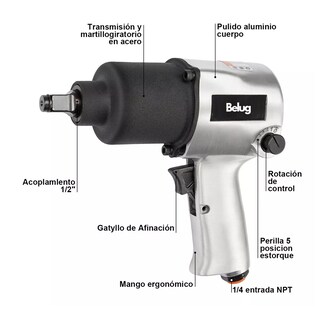 Foto 2 | Llave Impacto Neumática Prof. 1/2'' 7.500 Rpm 680nm Belug, Color Plata Negro