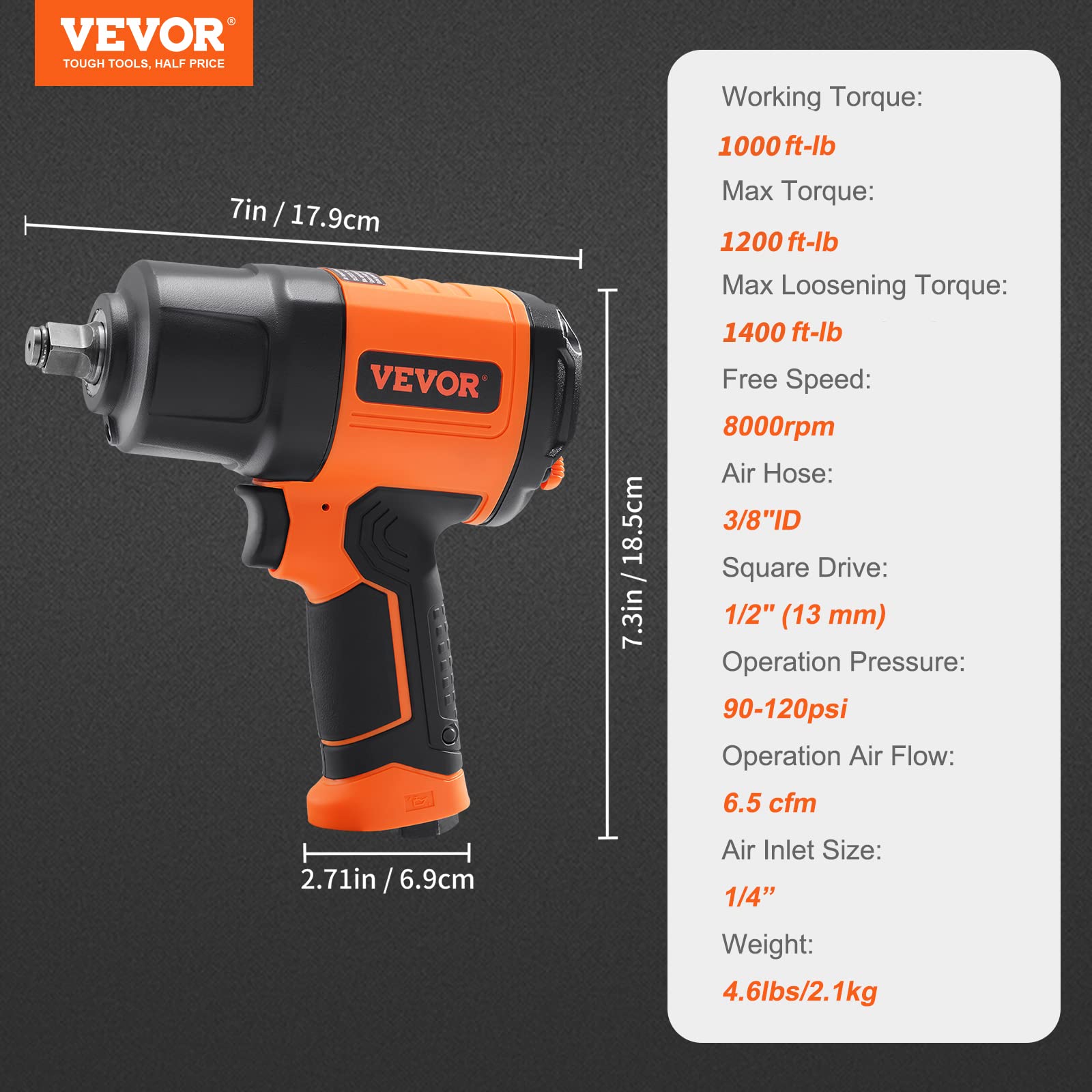 Foto 7 | Llave Neumática Vevor De 1/2 Pulgada, Alto Par, 1400 Pies-libras - Venta Internacional.