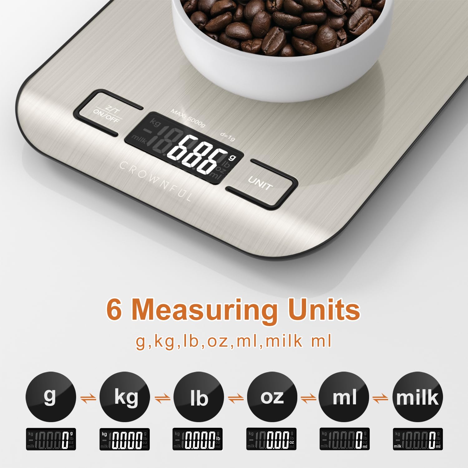 Foto 3 pulgar | Báscula De Cocina Digital Crownful De 5 Kg/11 Libras Con 6 Unidades Y Tara