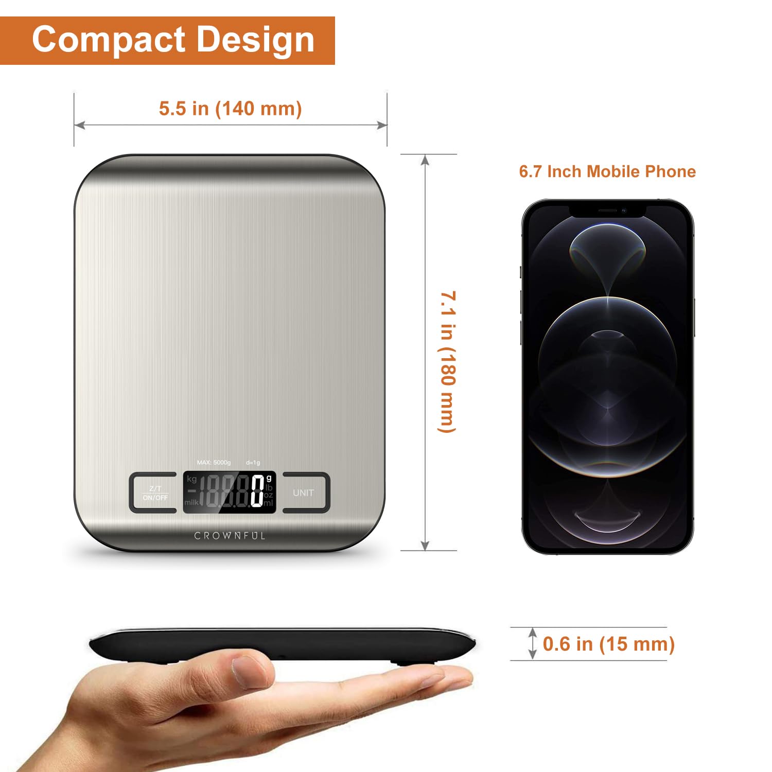 Foto 4 pulgar | Báscula De Cocina Digital Crownful De 5 Kg/11 Libras Con 6 Unidades Y Tara