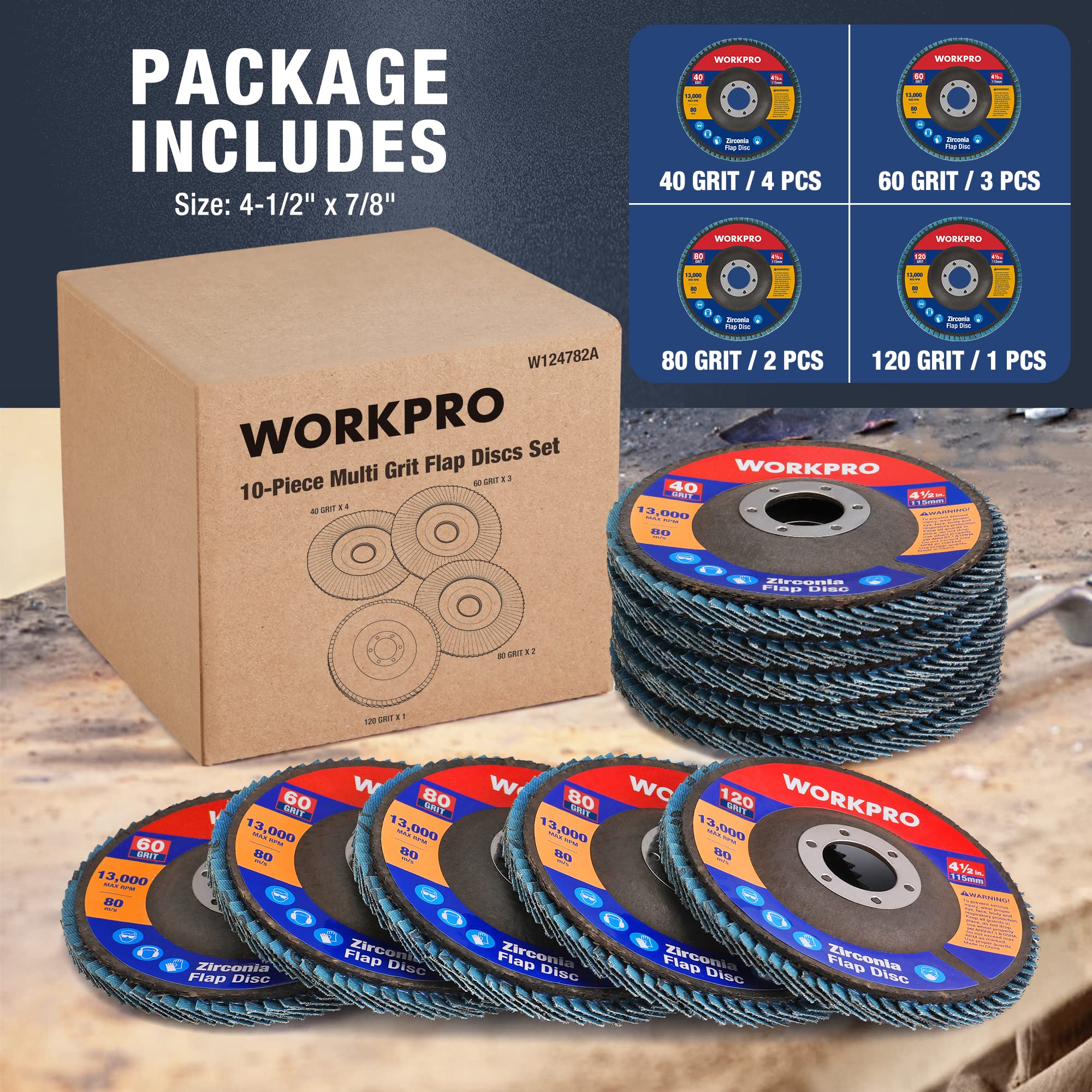 Foto 2 | Juego De Discos Con Solapa Workpro, Paquete De 10 Unidades, 115 Mm, Circonitas T29, 40/60/80/120 Granos - Venta In