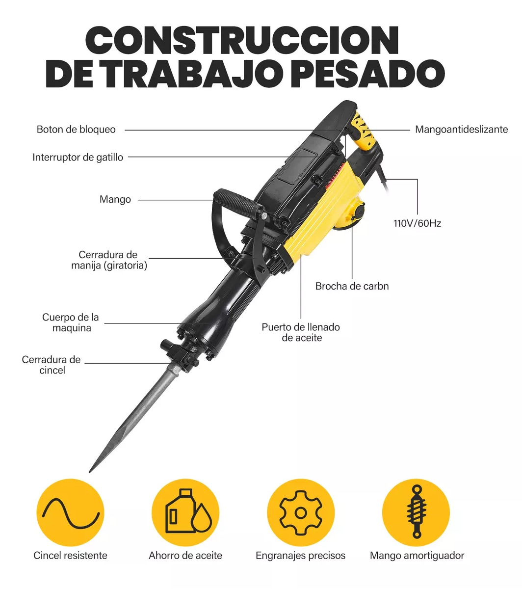 Foto 2 | Martillo Demoledor Lab.g 2800w Rompedor De Concreto 1800rpm 40j, Amarillo