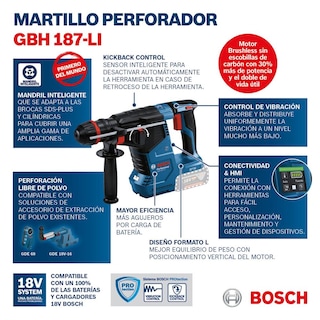 Foto 8 | Martillo Perforador Bosch Gbh 187-li Sds Plus 2.4j 18v S/b