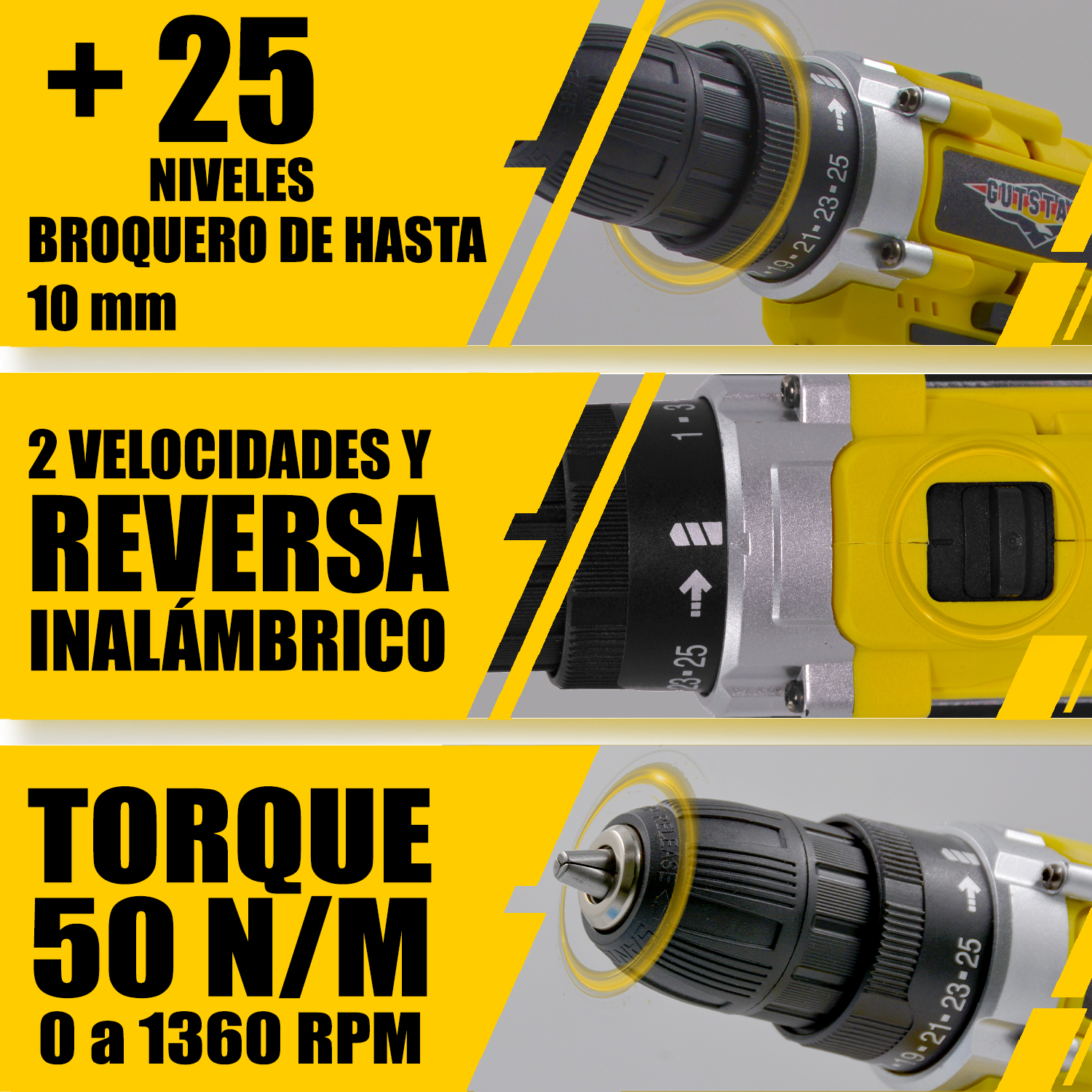 Foto 4 pulgar | Taladro Atornillador Inalámbrico Gutstark Amarillo de 20 v con 1 Batería