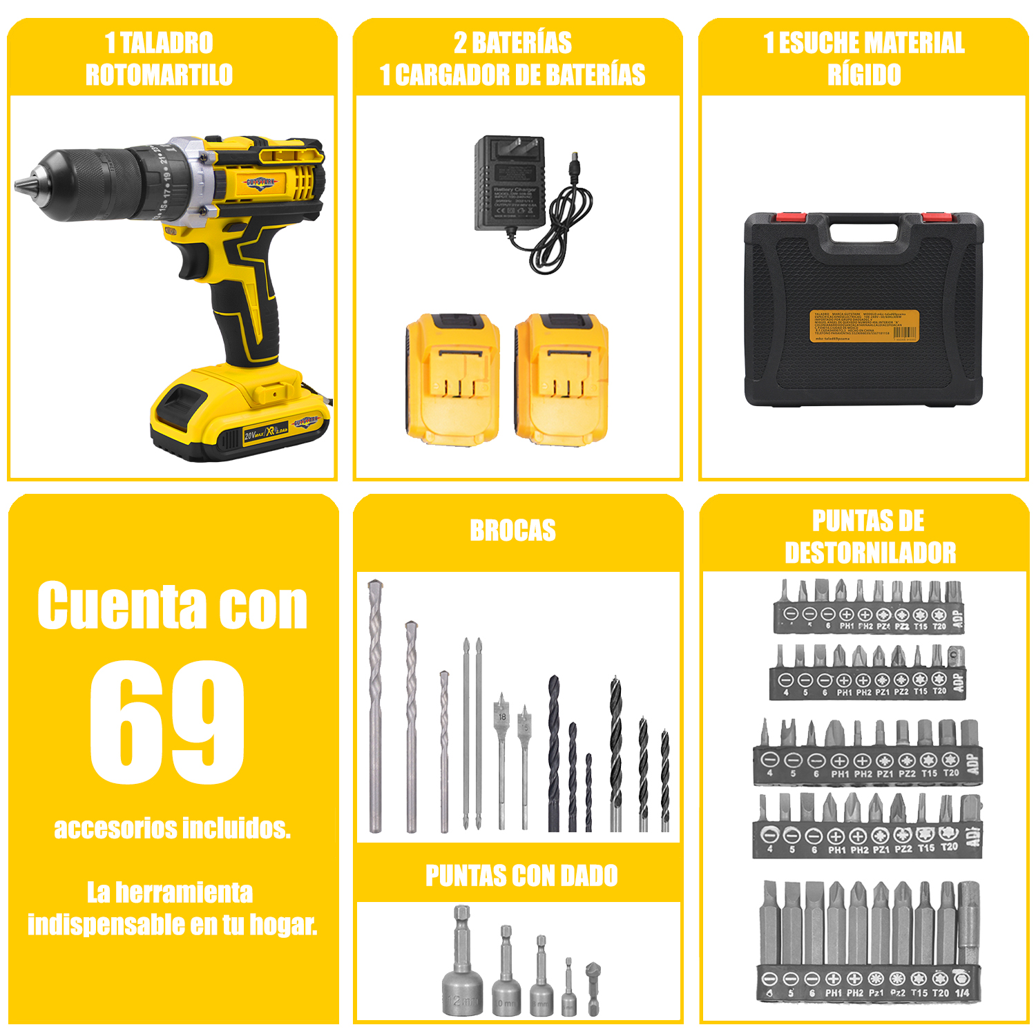 Foto 4 pulgar | Rotomartillo Gutstark Amarillo Inalámbrico de 300 W con Accesorios