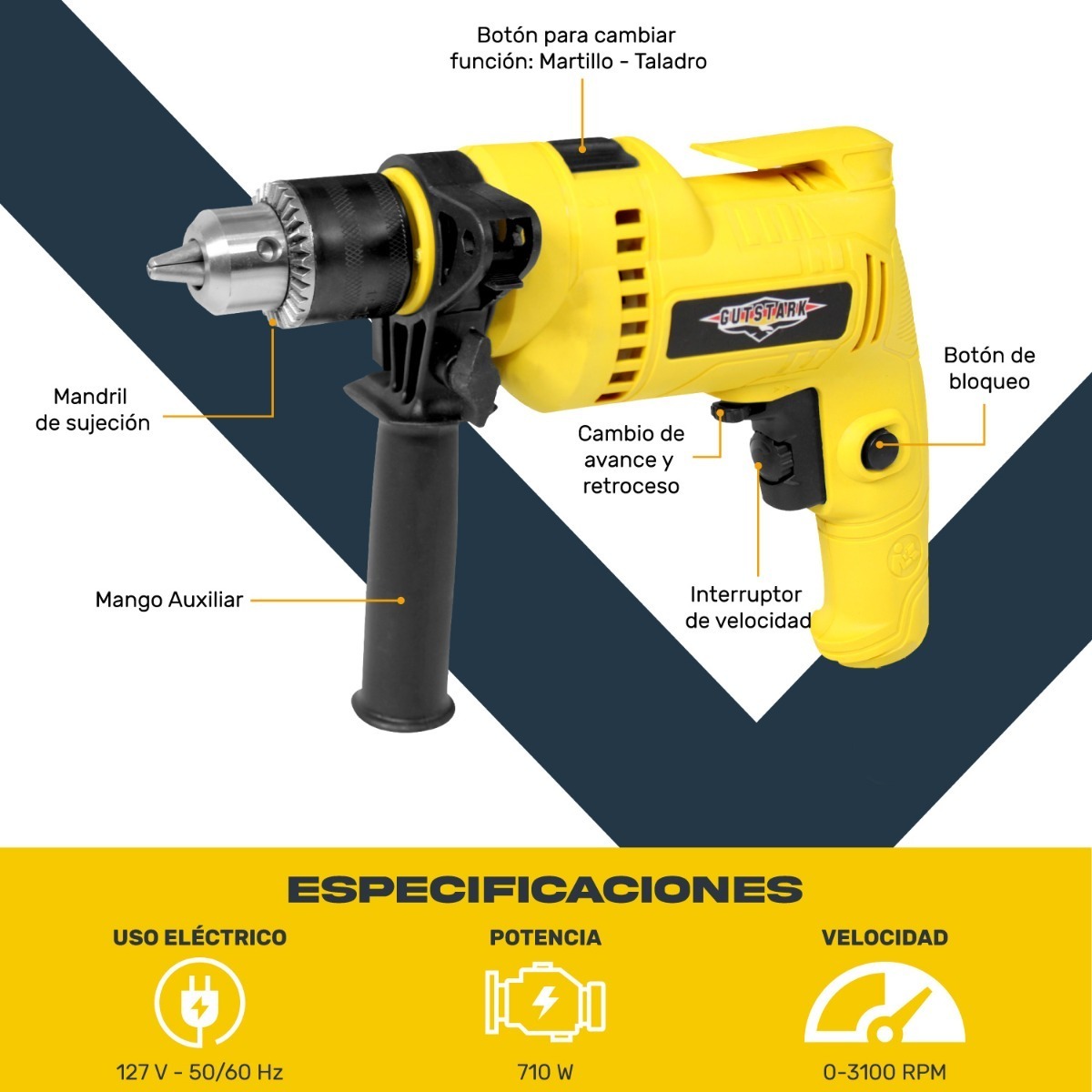 Foto 2 | Rotomartillo Gutstark color Amarillo de 3000 Rpm con Kit