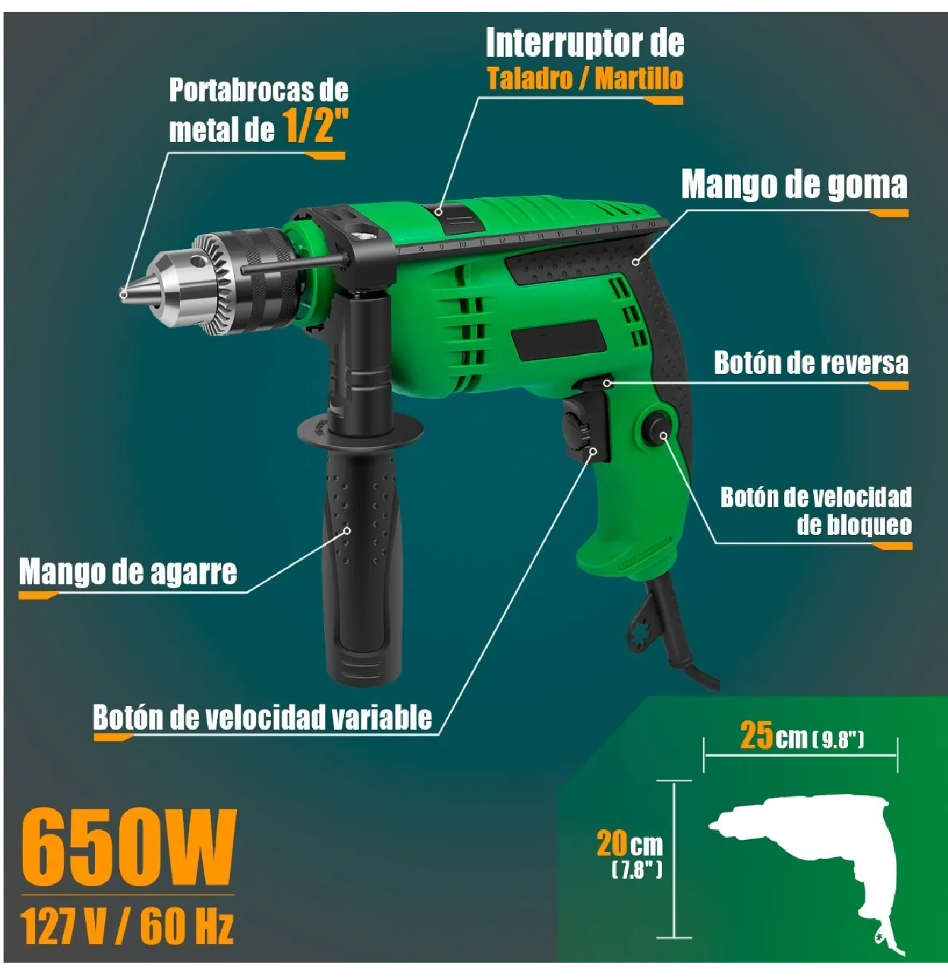 Foto 3 | Taladro Rotomartillo EO Safe Imports 1/2'' Prof 650 W color Verde con Brocas