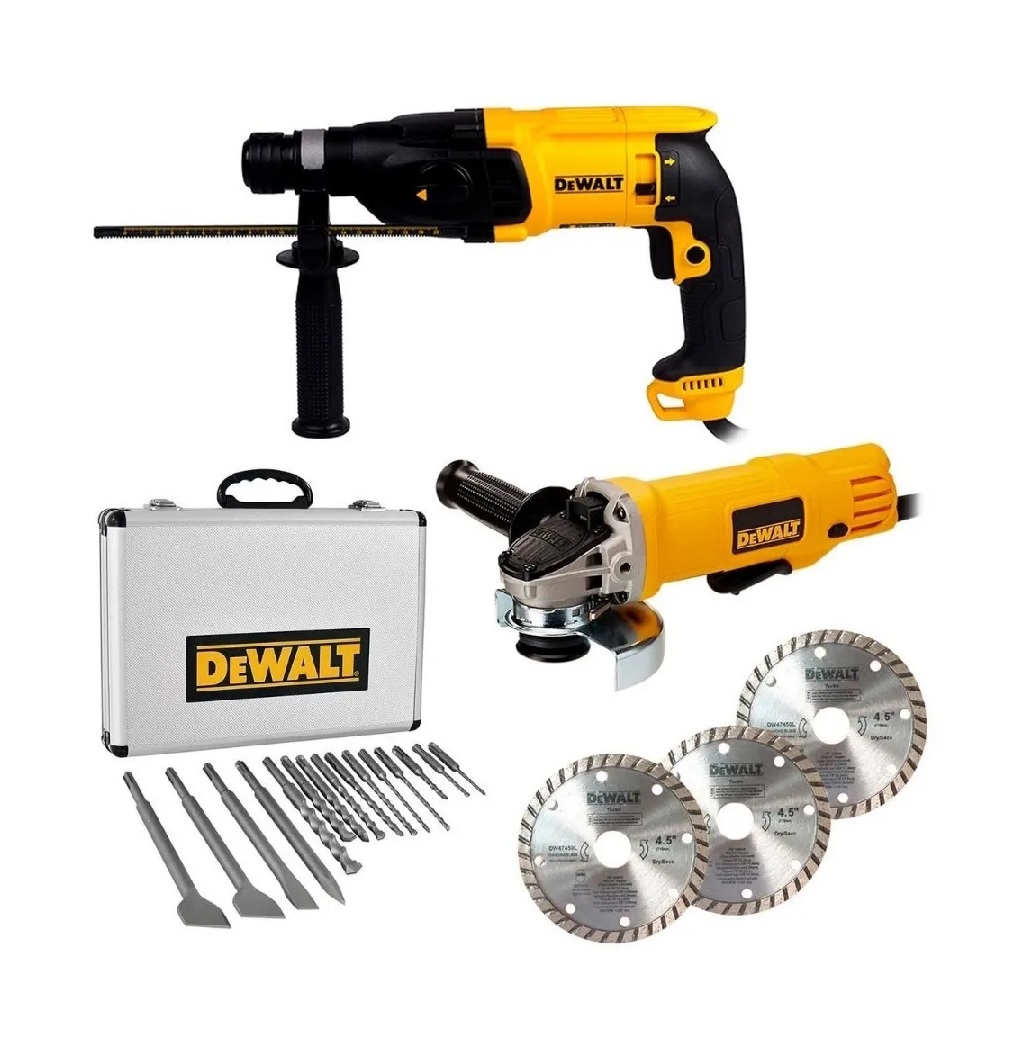 Rotomartillo Dewalt + Esmeriladora 3 Discos + Brocas y Cincel