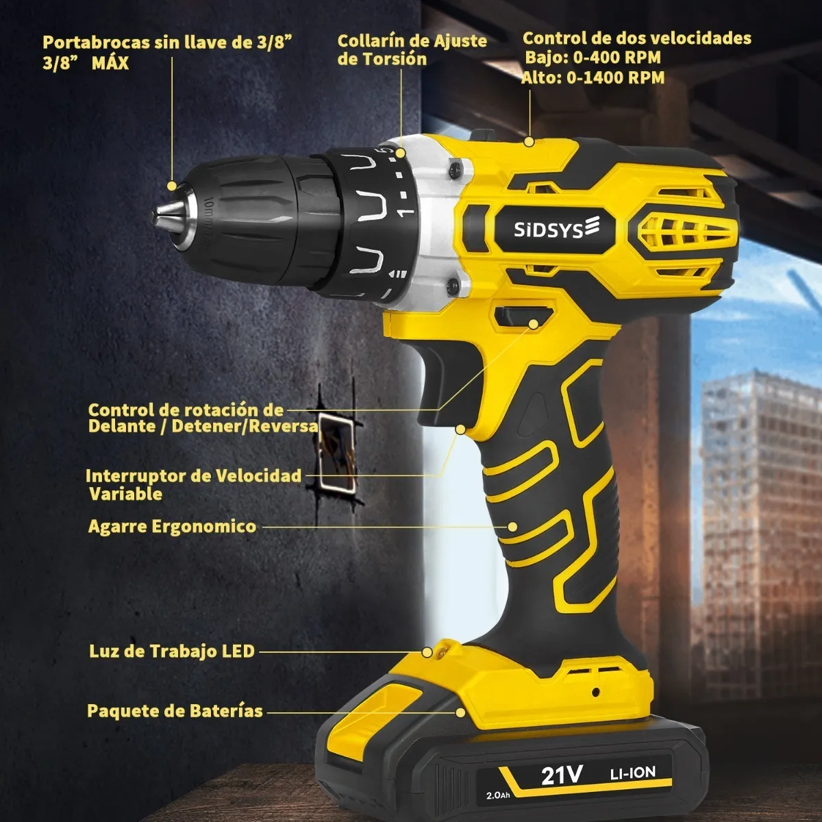 Foto 4 pulgar | Taladro Inalámbricos Sidsys Atornillador Eléctrico 21v 2 Baterías