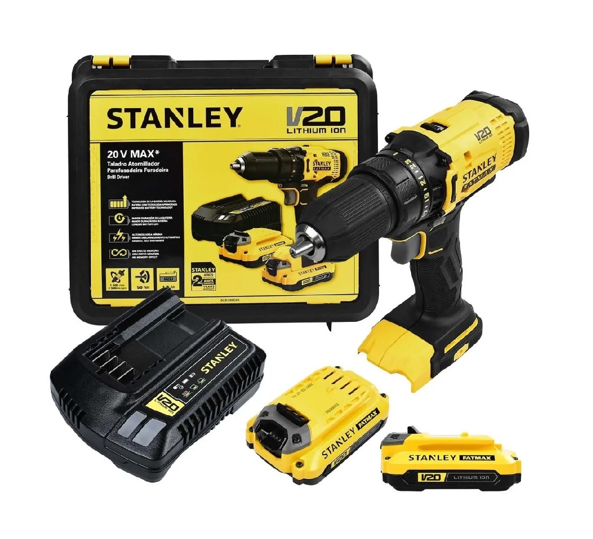 Taladro Atornillador 20v Stanley Fatmax Scd700c2k-b3 color Amarillo