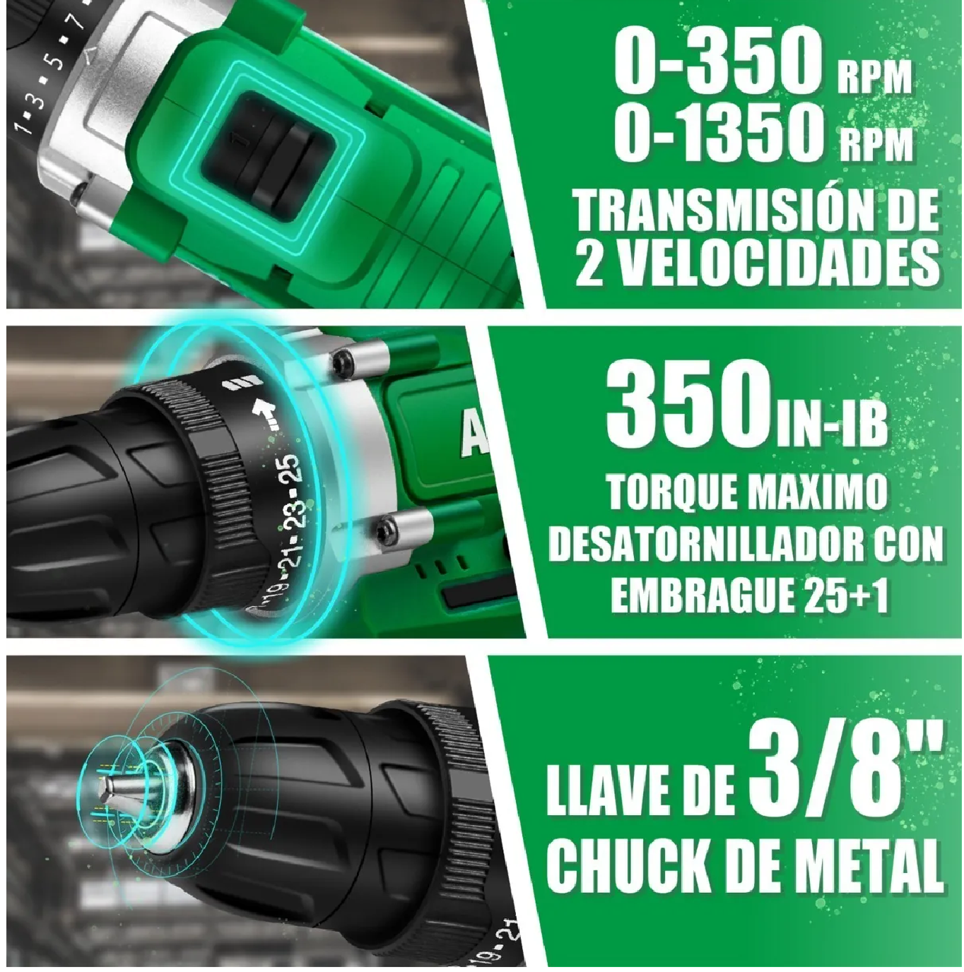 Foto 4 pulgar | Taladro Atornillador Inalámbrico Eo Safe Imports Aa2015-30-2 color Verde