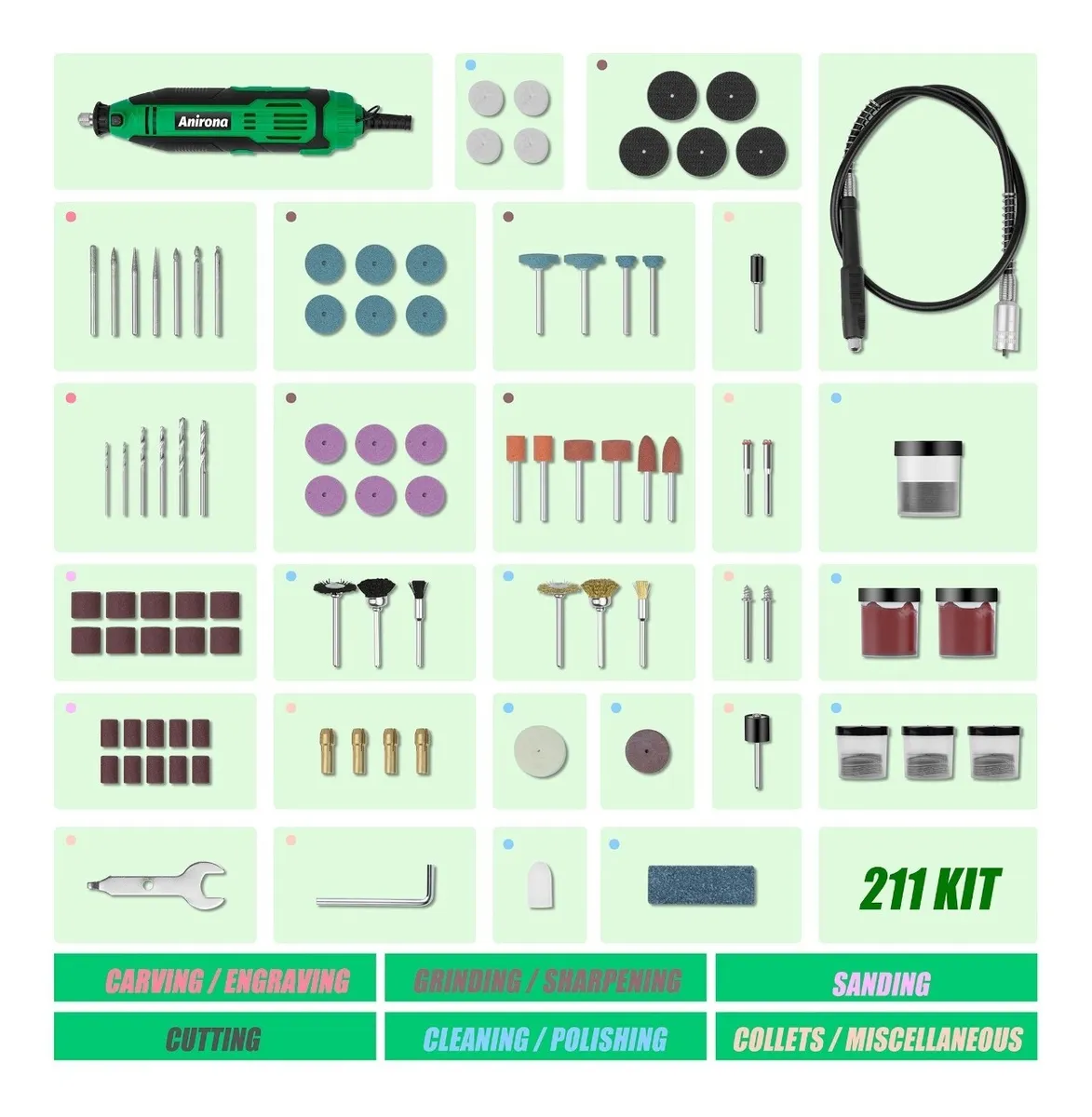 Foto 4 pulgar | Mini Taladro Mototool Anirona con 211 Piezas 135w Verde