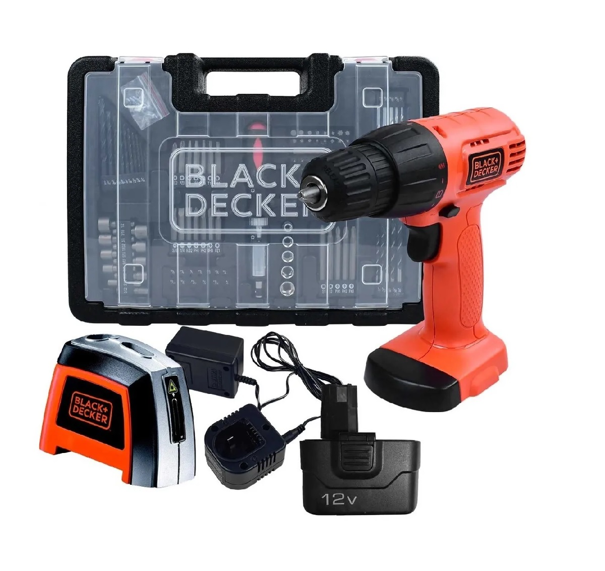 Taladro Atornillador 12v Black & Decker color Anaranjado más Nivel Laser