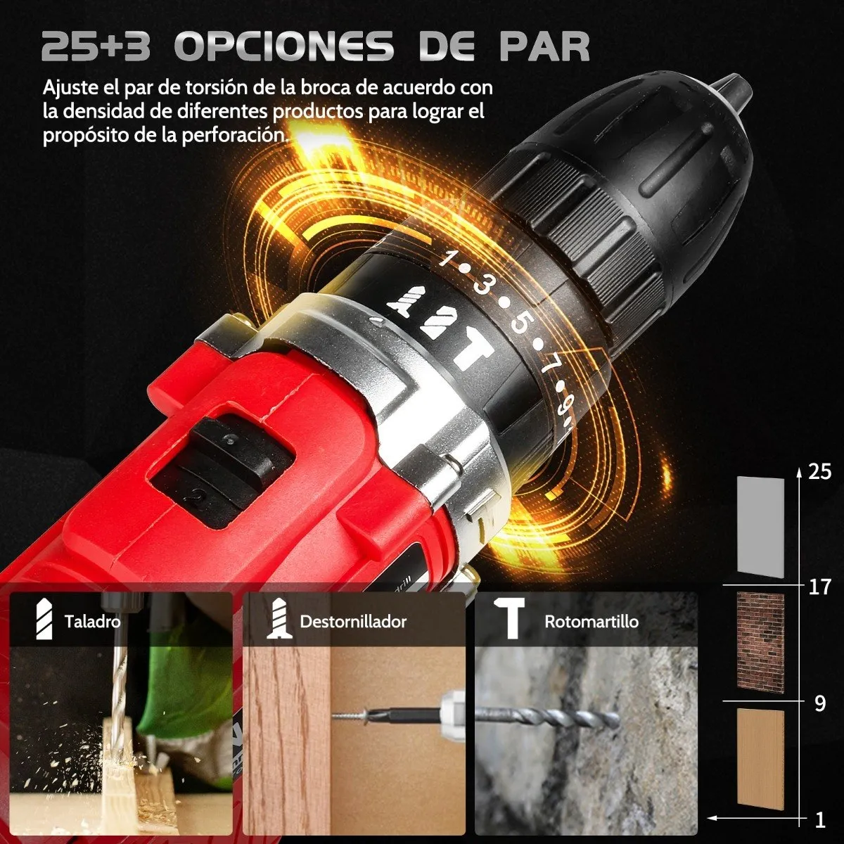 Foto 4 pulgar | Taladro Atornillador Inalámbrico con 2 Batería de Litio color Rojo