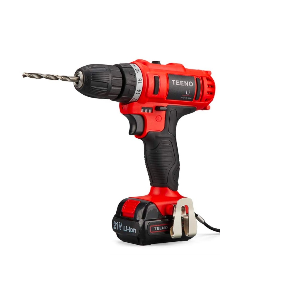 Taladro Atornillador TEENO 5816-35 color Rojo Inalámbrico de 10MM 21 V más Accesorios 60 HZ