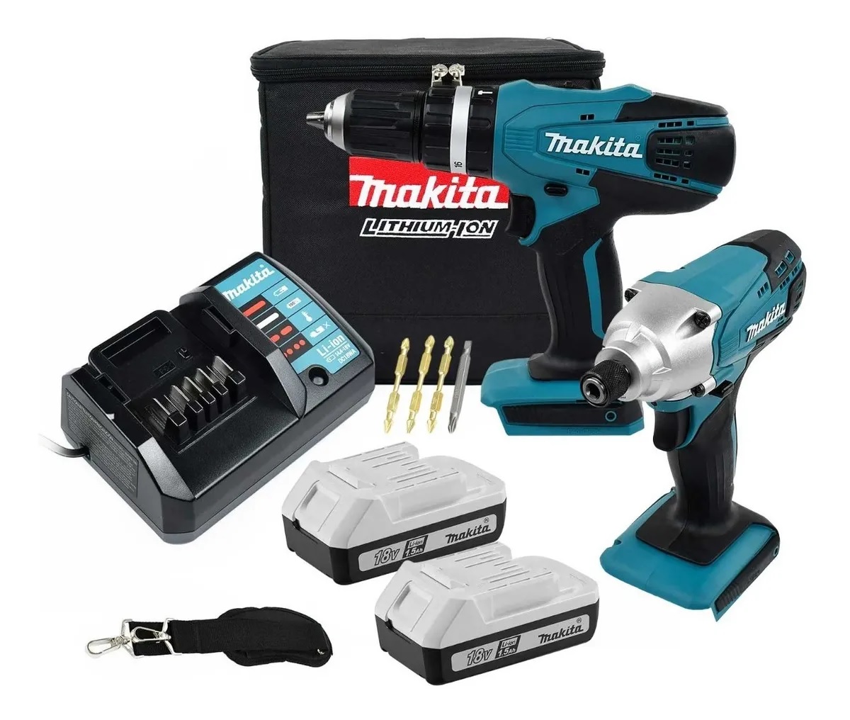 Kit Rotomartillo + Atornillador Makita Dk18015x2 + Baterías color Azul