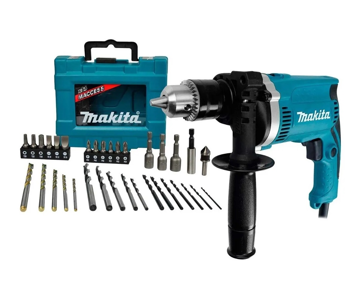 Taladro Rotomartillo VVR Makita HP1630 color Azul más 34 Accesorios