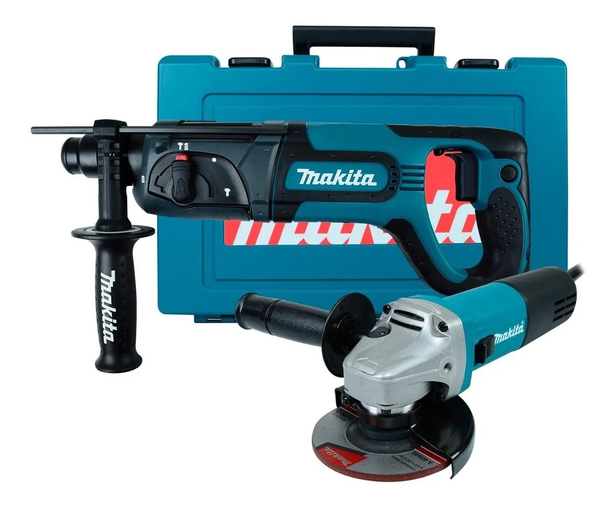 Kit Rotomartillo Hr2475 Sds Plus + Esmeriladora Makita 9557n color Azul