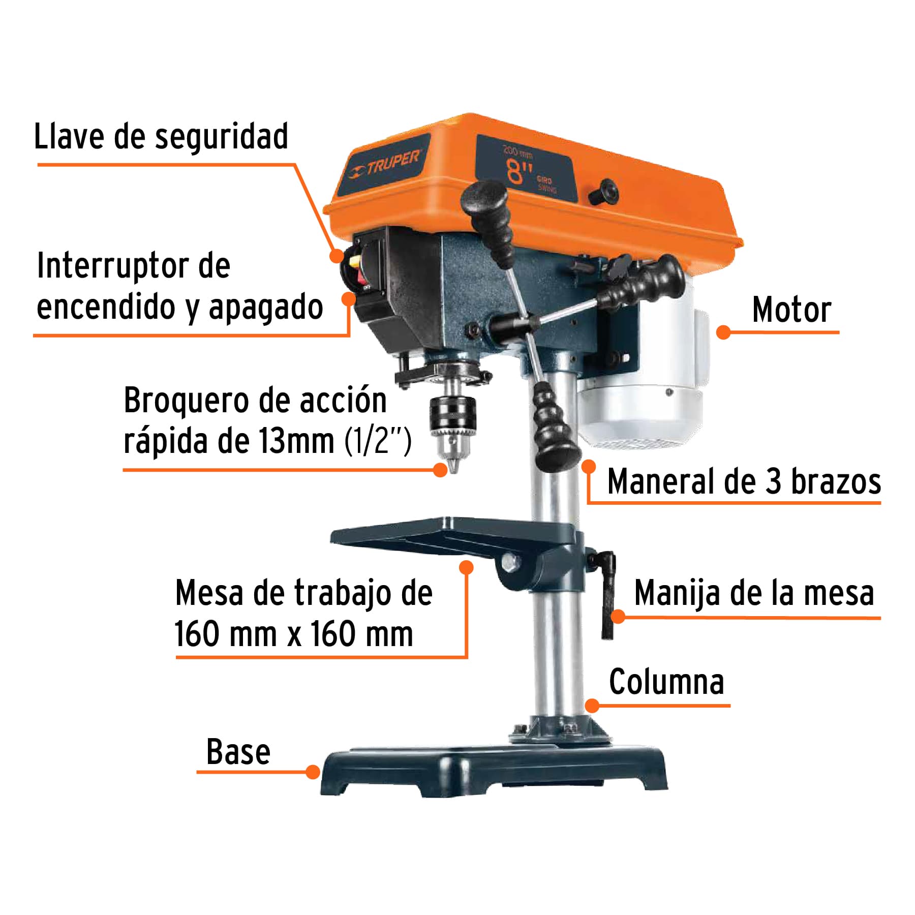 Foto 4 pulgar | Taladro Truper De Piso 8' De 250 W (1/3 Hp) Broquero De 1/2'