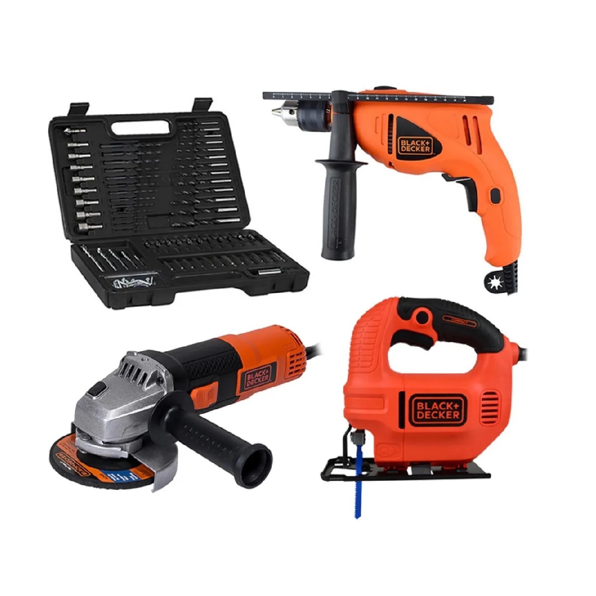 Kit de Rotomartillo Esmeriladora y Sierra Caladora Black+Decker con Accesorios