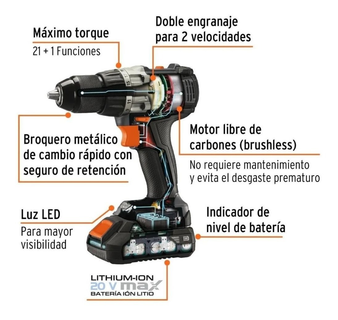 Foto 3 pulgar | Kit De Taladro Inalámbrico 1/2'' 20 V Con Maleta Y 2 Batería