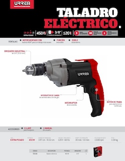 Foto 2 | Taladro Eléctrico 3/8' 450w Urrea Te938