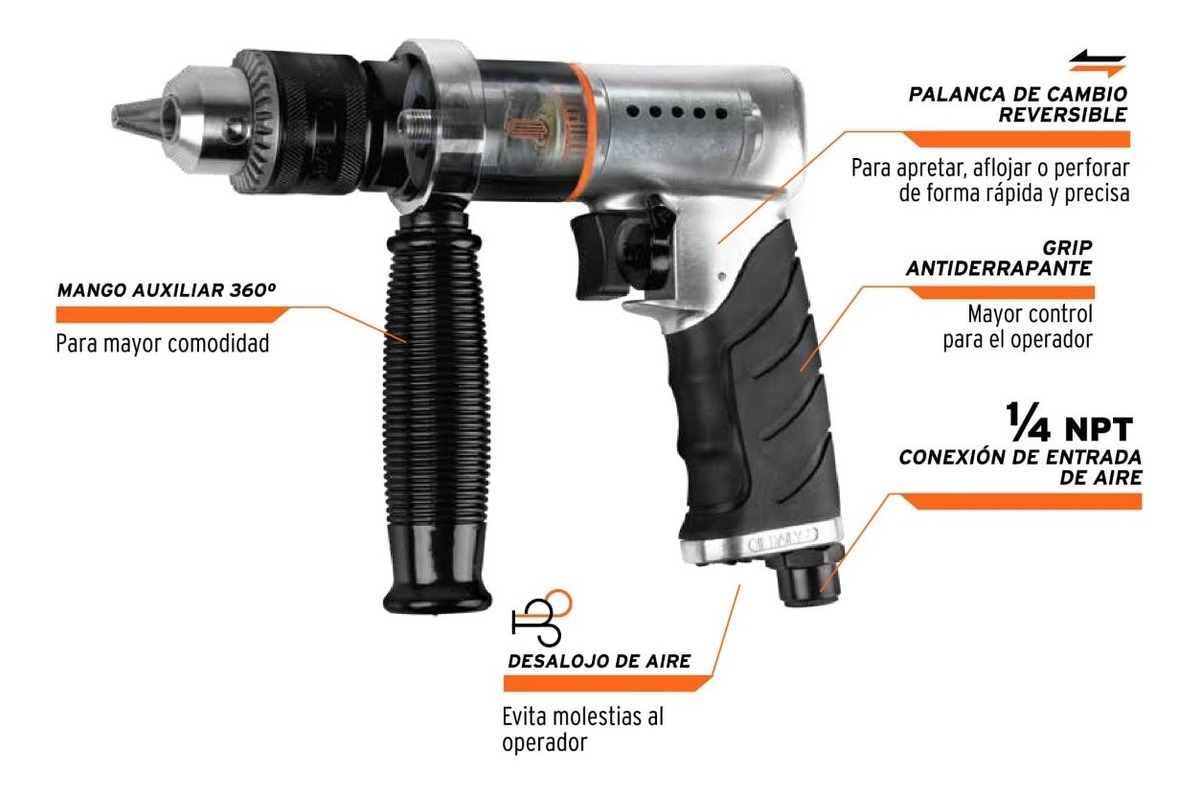 Foto 3 pulgar | Taladro Reversible Neumático Broquero 1/2'' Truper 19369