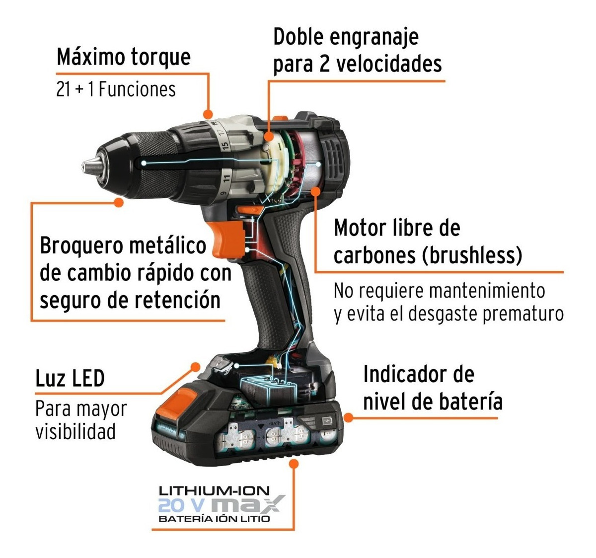 Foto 3 pulgar | Taladro Inalámbrico 1/2 , 20v, Sin Carbones Truper 101452