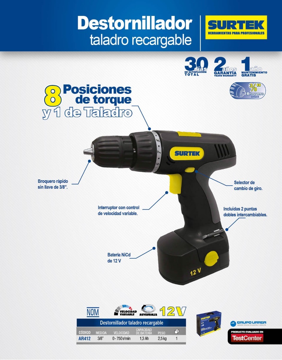 Foto 3 pulgar | Destornillador Taladro Recargable 3/8  12 V Surtek Ar412