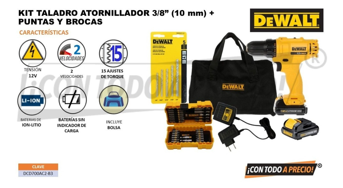 Foto 3 pulgar | Taladro Atornillador 12v + Brocas Y Puntas Dewalt Dcd700ac2