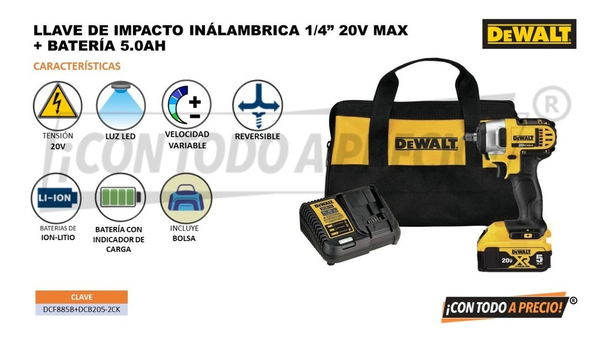 Foto 2 | Llave De Impacto 1/4 20v Max+ Bateria 5ah Dewalt Dcf885b K92