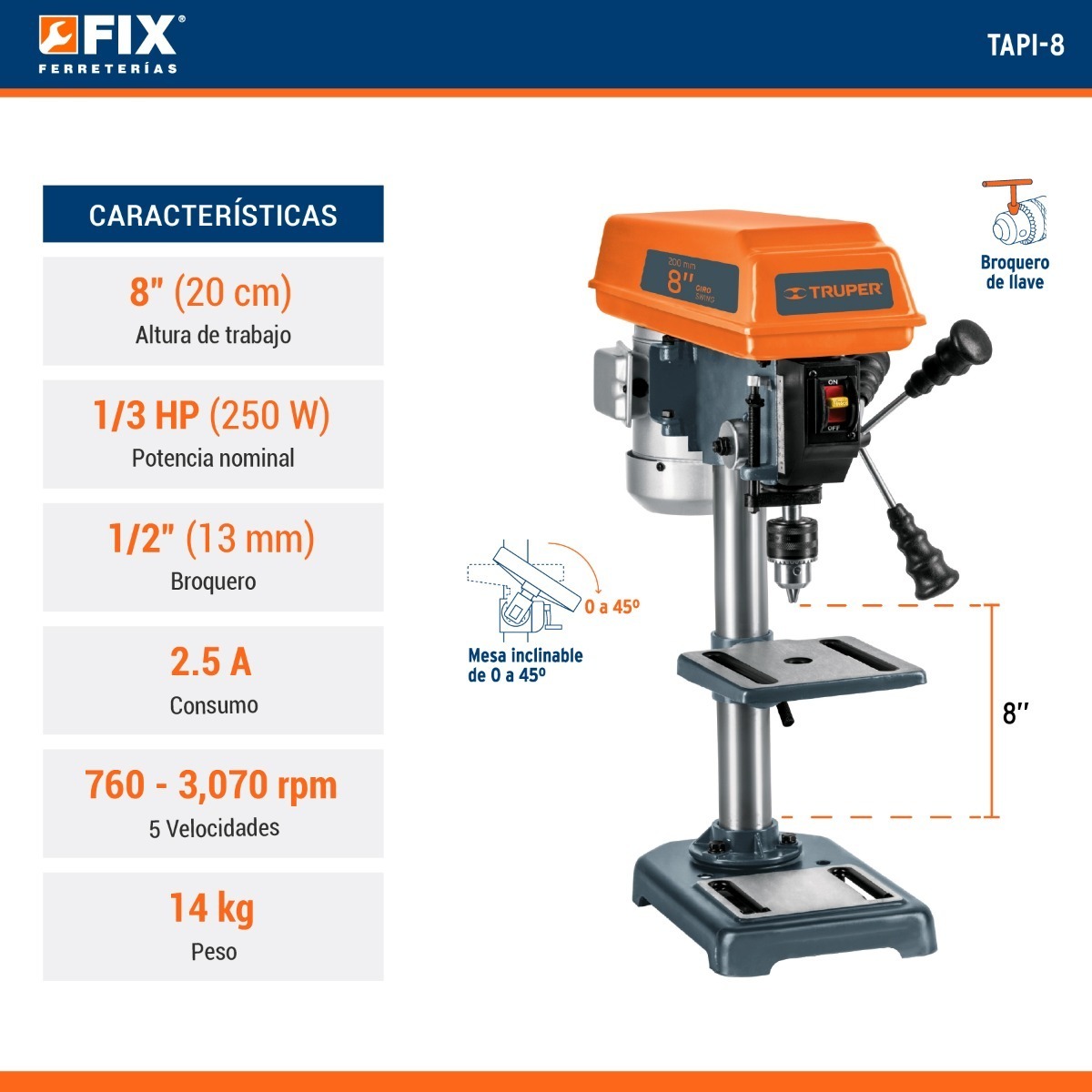 Foto 3 pulgar | Taladro De Banco 1/2 X8 , 1/3hp, 5 Velocidades Truper Tapi-8