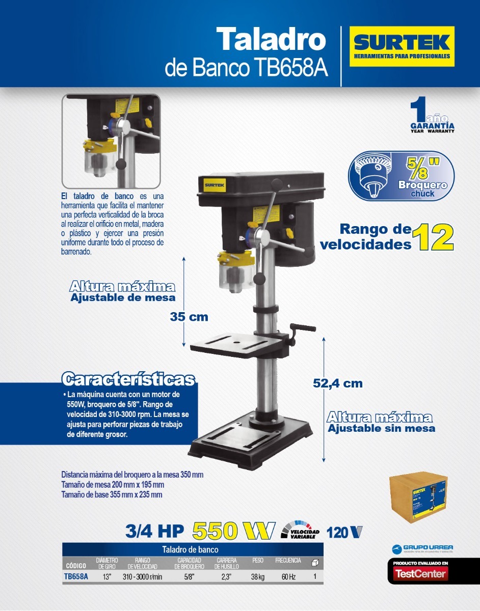 Foto 2 | Taladro Estacionario De Banco 5/8  .75 Hp 550 W 120v Tb658a