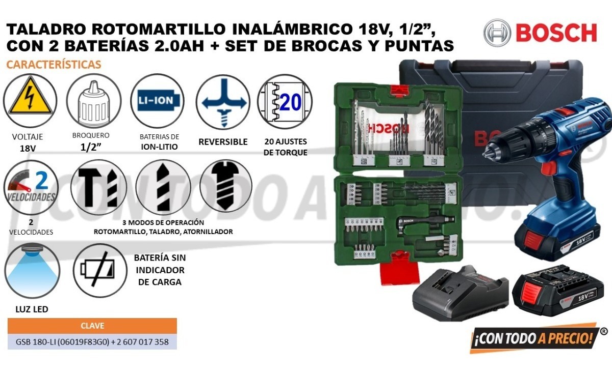 Foto 3 pulgar | Taladro Inalambrico Bosch Gsb 180-li 18v + 2bat 2ah +52 Acce